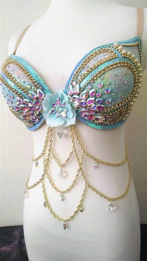 opalescent mermaid rave bra made to order pastel glitter ombre gold chains belly dance costume