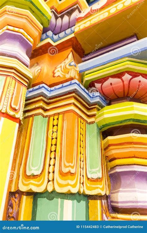 Close Up Details Of Colored Colorful Pillar Indian Temple Tamil Nadu