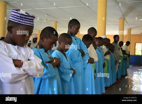 Pupils From The Islamic School In Sunyani Ghana Praying At The Mosque