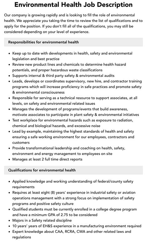 Environmental Health Job Description Velvet Jobs