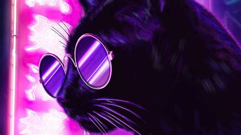 Neon Cat With Glasses Pink Lights Background Purple Hd Wallpaper Pxfuel