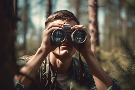 Premium Ai Image Man Looks Through Binoculars In Forest Male