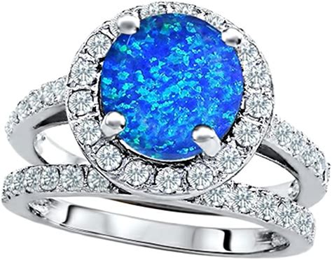 Star K 8mm Round Simulated Blue Opal Wedding Set Sterling