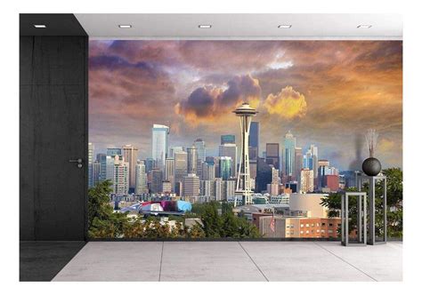 Wall26 Seattle Washington Cityscape Skyline With Stormy Sky Removable