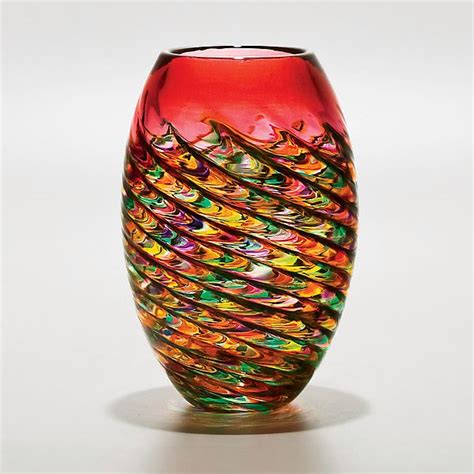 Optic Rib Barrel Vase In Candy By Michael Trimpol And Monique Lajeunesse Art Glass Vase