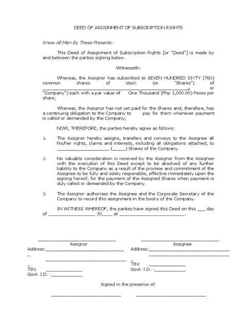 Deed Of Assignment Of Shares And Subscription Rights Sample Pdf