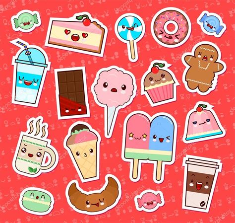 Set Of Cute Kawaii Food Emoticon Stickers Cupcake Ice Cream Donuts