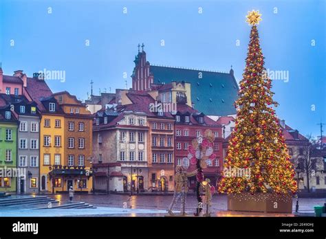Poland Warsaw The Castle Square Decorated With Christmas Tree Stock