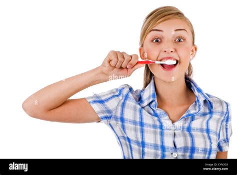 Women Brushing Her Teeth On A White Background Stock Photo Alamy