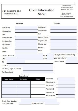 Sample Printable Client Information Sheet In Pdf Ms Word
