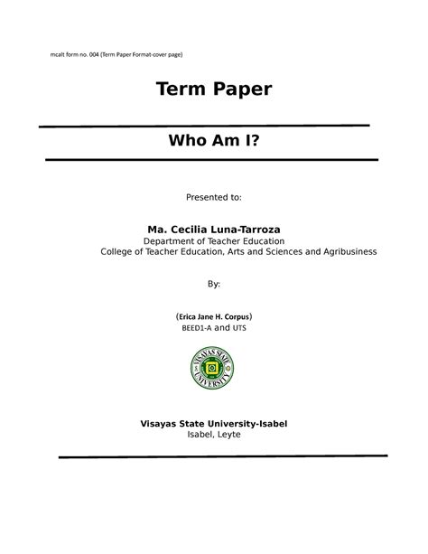 Uts Term Paper Project In Uts Mcalt Form No 004 Term Paper Format