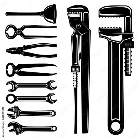 Set Of Plumber Tools In Vintage Monochrome Style Design Element For