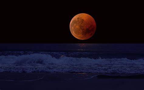 Wallpaper Full Moon Eclipse Sea Surf Horizon Hd Widescreen High