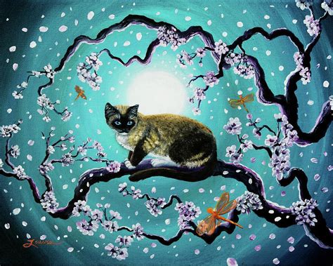 Snowshoe Cat And Dragonfly In Sakura By Laura Iverson Resin Painting