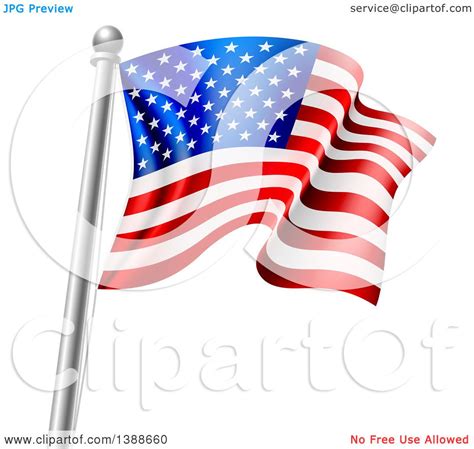 Clipart Of A 3d Rippling American Flag On A Silver Pole Royalty Free
