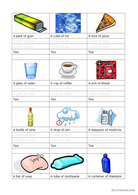 Measure Words Dictionary Pictur English Esl Worksheets Pdf And Doc