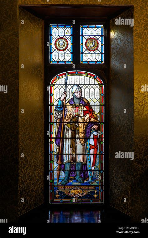 Stained Glass Window Of A Knight Templar Stock Photo Alamy