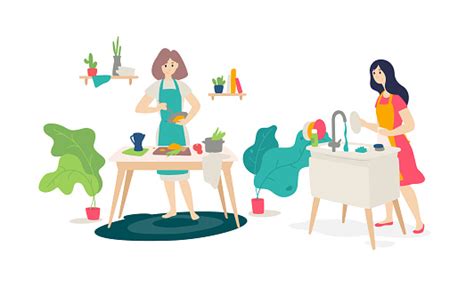Illustration Of Girls In The Kitchen Flat Style Wife Prepares At Home Online Cooking Courses