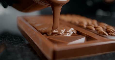 Chef confectioner makes chocolate bar - he pours hot melted chocolate ...