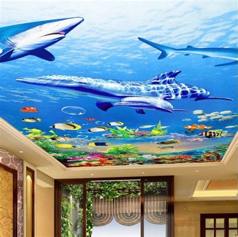 Ocean World 3d Ceiling Shark Dolphin Fishes Wallpaper Undersea 3d
