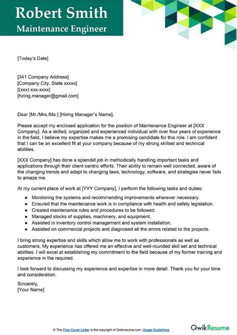 Maintenance Engineer Cover Letter Examples Qwikresume