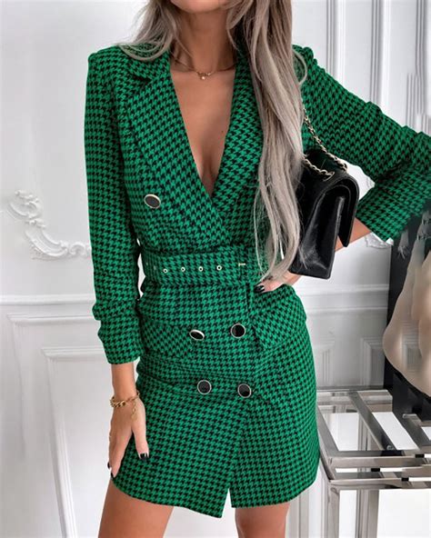 Double Breasted Houndstooth Print Blazer Dress