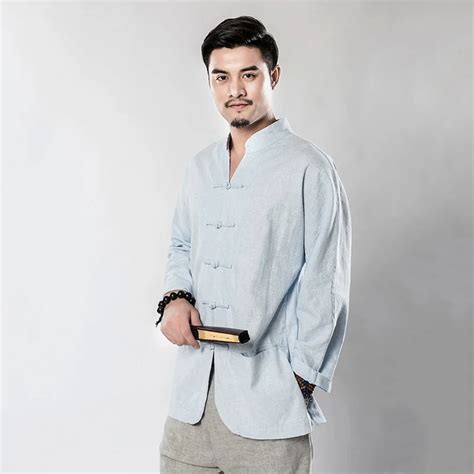 Autumn Men Mandarin Collar Shirt Chinese Male Long Sleeve Handmade