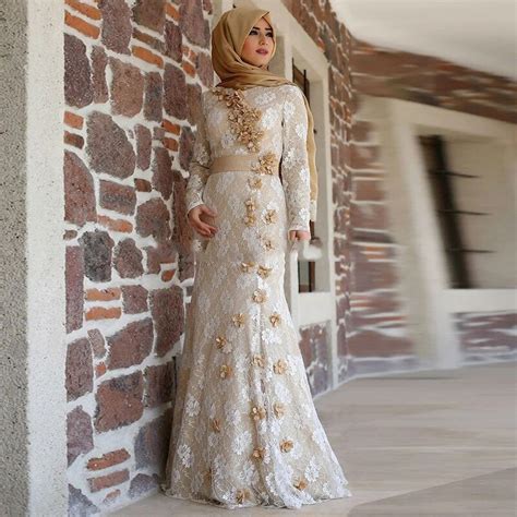 Champagne Muslim Evening Dress Elegant Turkish Formal Dress Hijab