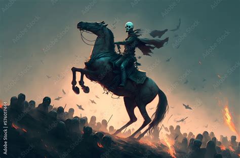 The Horseman Grim Reaper Riding The Horse Jumping From A Pile Of Human