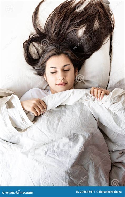 Young Beautiful Brunette Woman Sleeping In Bed Stock Image Image Of