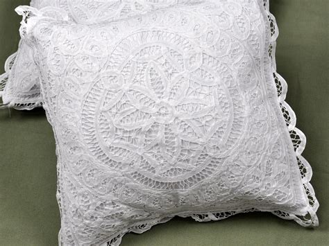 This Set Of 2 White Throw Pillow Covers With Full Battenburg Lace