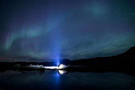 Nightsky Standing Man Star Northern Light Stars Iceland Near Tranquility Space And