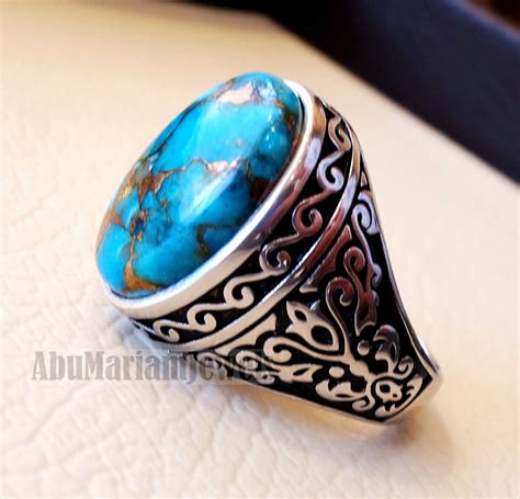 Copper Turquoise Natural Stone Men Sterling Silver 925 Ring Etsy