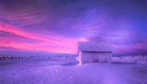 Nature Landscape Hut Sunrise Snow Winter Sky Norway