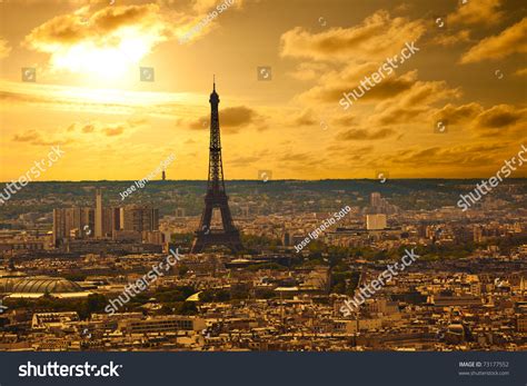 Paris Skyline From The Sacre Coeur At Sunset Eiffel Tower Area Focused