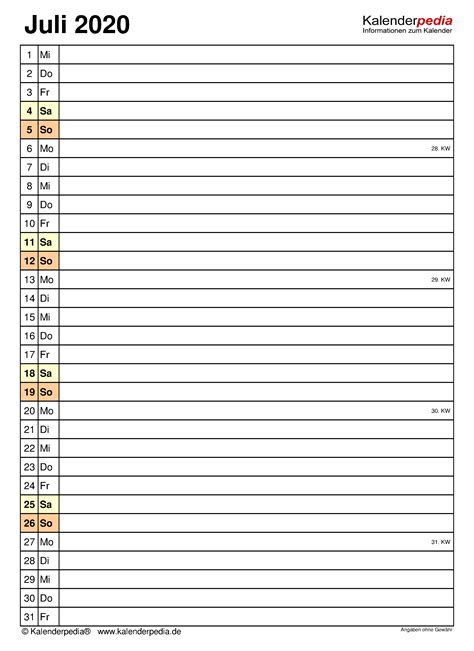 Kalender Juli 2020 Als Excel Vorlagen