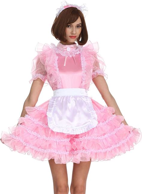 Gocebaby Women Sissy Maid High Necked Pink Satin Frilly Dress