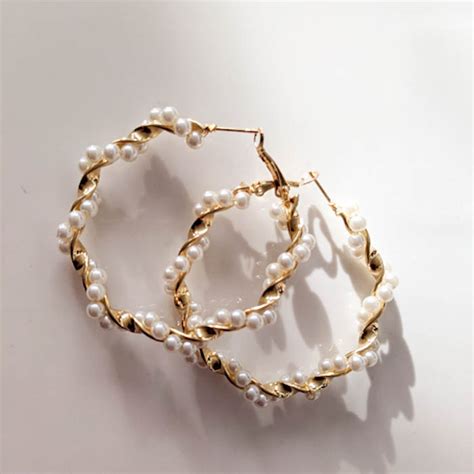 Gold Pearl Twisted Hoop Earrings Pearlory