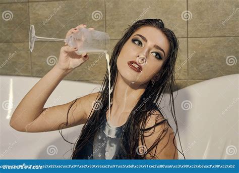 Young Woman Pours Milk On Herself Woman With Smeared Makeup Stock Image Image Of Mascara