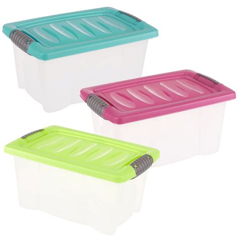 Set Of 3 Small Plastic Storage Boxes Click Lid Desktop Shelf Container