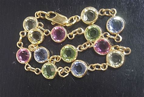 Vintage Swarovski Crystal Bezel Set Pastel Color Bracelet Gold Tone