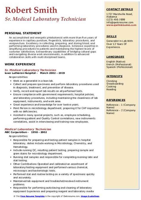 Applying for a lab technician position greatly relies on the ability of your written application to create an impact on the screening party. Medical Laboratory Technician Resume Samples | QwikResume