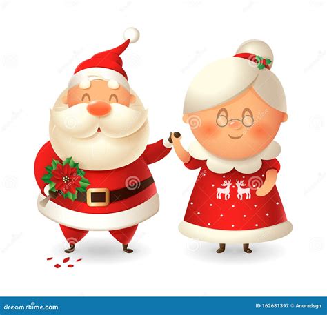 Santa Claus With Flowers For His Wife Mrs Claus Couple In Love Celebrate Winter Holidays