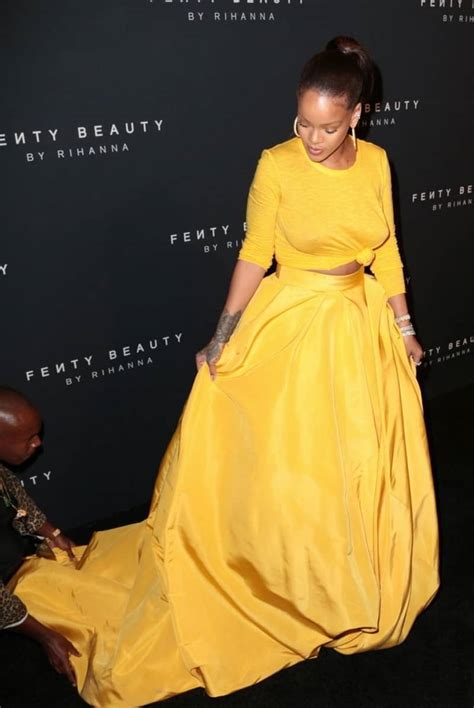 Rihanna In See Through Yellow Outfit For Fenty Beauty Nyfw Launch 2