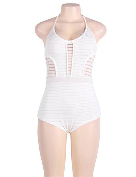 Sexy White Halter Stripy One Piece Swimsuit