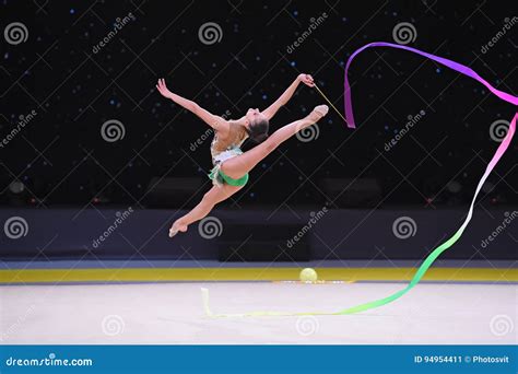 Gymnast Girl Perform At Rhythmic Gymnastics Competition Editorial Photo