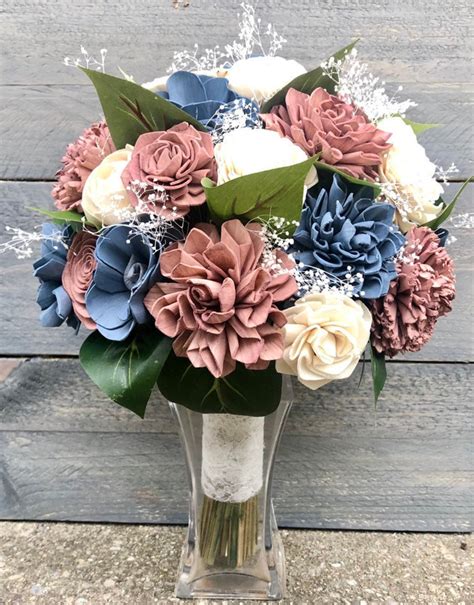 Slate Blue Dusty Rose And Ivory Sola Wood Wedding Bouquet Etsy Blue