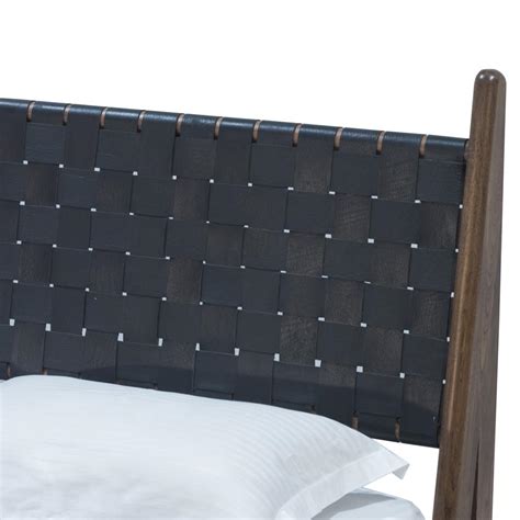 Darcie Mid Century Brown Teak Woven Leather Headboard Bed King