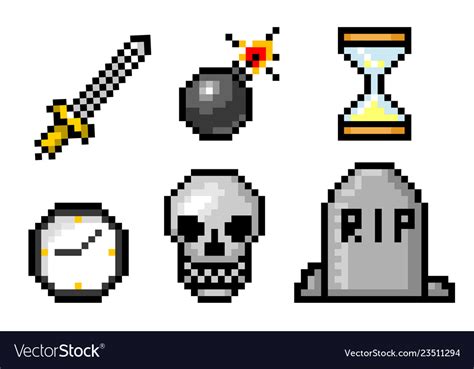 Pixel Art 8 Bit Objects Skull And Bomb Grave Vector Image