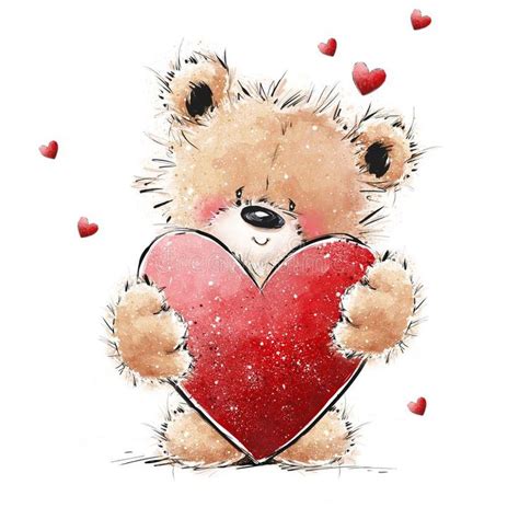 Cute Teddy Bear In Love With Big Red Heart Valentines Or Mothers Day